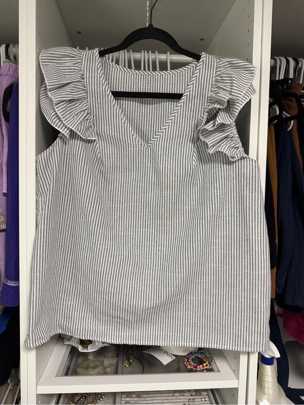 SHEIN Gray and White Striped Ruffle Shoulder Tank Top